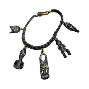 Vintage Hawaiian Black Tiki Charm Bracelet with Green Accents